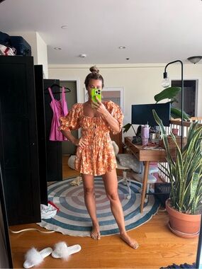 Free People Orange Floral Puff-Sleeve Romper